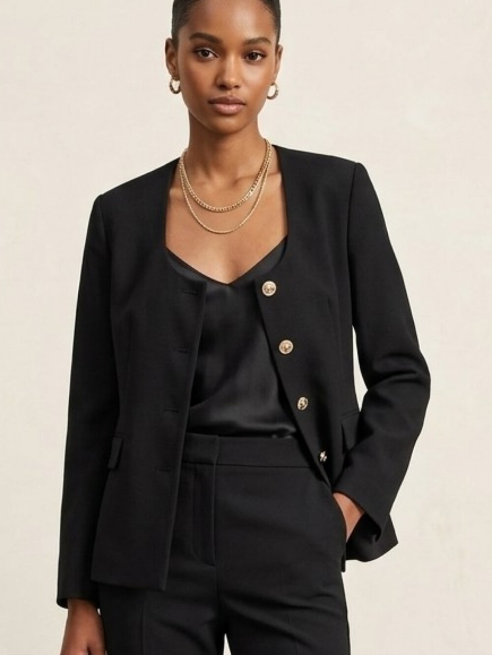 NWT Zara Black Collarless Blazer Gold Button Jacket - Size Large